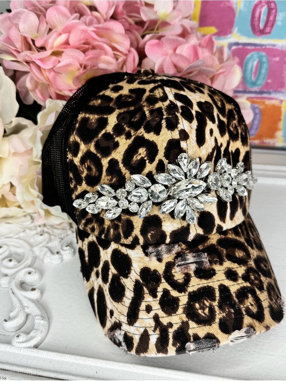 Leopard crystal ab cowboy western trucker hat rhinestone boho